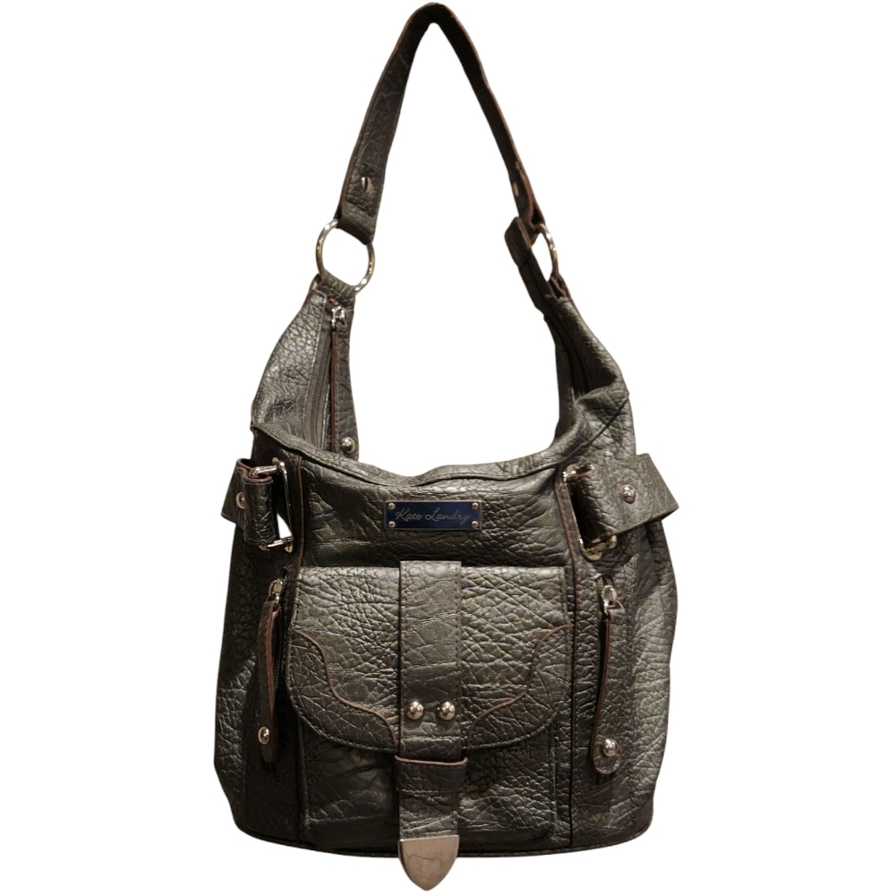 Kate Landry Vintage Gray Shoulder Bag Multi Pocket Leather Purse Hobo Tote Bag